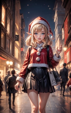 an young tiny girl, elf ears, dodoco, logo t-shirt, pleated skirt, shopping mall, crowd, shopping bags, storefront, christmas tree, santa claus, fountain, christmas theme, christmas elements in background,  digital art, Jean-Baptiste Monge style, bright, beautiful  , splash, Glittering , cute and adorable,  filigree, rim lighting, lights, extremely ,  magic, surreal, fantasy, digital art, wlop, artgerm and james jean, tiny girl,kleedef