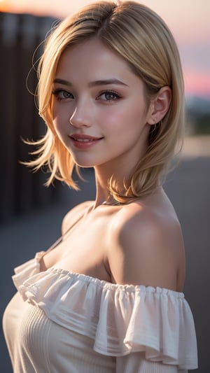 1girl, (Ultra realistic), (highly detailed eyes, highly detailed face), blonde hair, (off shoulder), breasts, upper body, caute smile, frills, (best quality:1.4), Raw photo, (realistic, photo-realistic:1.37), professional photography, cinematic light, depth of fields, twilight, sunset