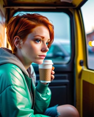 Photorealistic picture of a beautiful short ginger hairstyle homeless girl, sitting inside her opening door van home with a cup of take away coffe cup, hungry, try to stay positive in her uncertain future, sad eye, bokeh, shallow depth of field, late afternoon natural lighting fuses with neon city light
