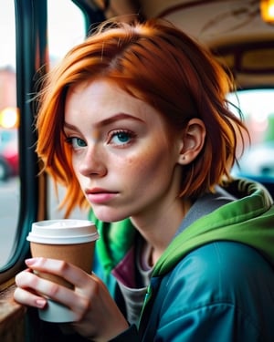 Photorealistic picture of a beautiful short ginger hairstyle homeless girl, sitting inside her opening door van home with a cup of take away coffe cup, hungry, try to stay positive in her uncertain future, sad eye, bokeh, shallow depth of field, late afternoon natural lighting fuses with neon city light