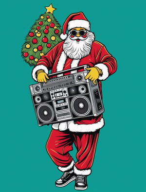 Santa Claus carrying a boom box on shoulder wearing hip-hop outfit, musical nite in the air, Christmas tree, more detail XL, SFW, solo, medium shot,