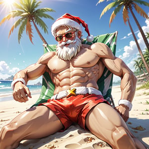 ((anime)), Santa Claus wearing shorts relaxing on a sandy beach, sun tanning, Palm tree, dynamic angle, depth of field, detail XL, solo,