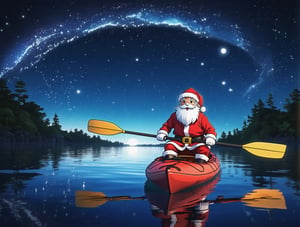 ((anime)), Santa Claus on kayak at night, epic night sky, dynamic angle, depth of field, detail XL, 