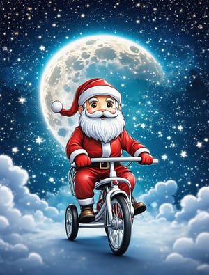 ((anime chibi style)), Santa Claus with white thick beard riding on a tricycle, epic night sky, dynamic angle, depth of field, detail XL, 