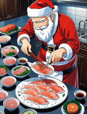 ((anime)), Santa Claus cutting sashimi in a professional kitchen, thinly slice of fish meat placed on a beautiful plate, dynamic angle, more detail XL, SFW, solo, 
