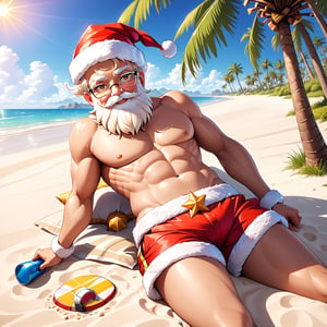 ((anime)), Santa Claus wearing shorts relaxing on a sandy beach, sun tanning, Palm tree, dynamic angle, depth of field, detail XL, solo,