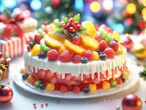 ((anime)), mixed fruiy cake made of jello, Christmas setting, dynamic angle, depth of field, detail XL, ,booth,food focus
