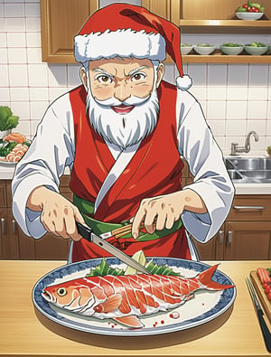 ((anime)), Santa Claus cutting sashimi in a professional kitchen, thinly slice of fish placed on a beautiful plate, dynamic angle, more detail XL, SFW, solo, 