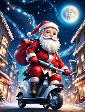 ((anime chibi style)), Santa Claus with white thick beard riding on a scooter, epic night sky, dynamic angle, depth of field, detail XL, 