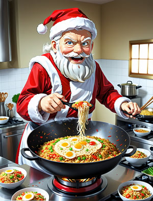 ((anime)), Santa Claus cooking fried rice with a huge wok in a professional kitchen, dynamic angle, more detail XL, SFW, solo, 