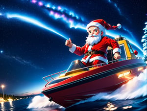 ((anime)), Santa Claus on speed boat at night, epic night sky, dynamic angle, depth of field, detail XL, closeup shot