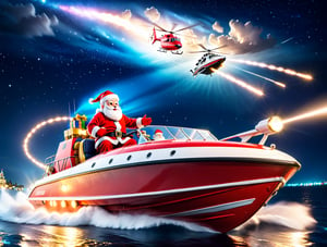 Santa Claus on speed boat at night, epic night sky, helicopter with search light in a distance, dynamic angle, depth of field, detail XL, closeup shot