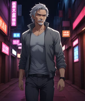 Solo, anime style, Mature grey hair Male fighter, detailed eyes and cigarette at mouth, 4k, standing quietly in back alley with neon signs, sexy girl running away, dimly lit, highly detailed, (full body portrait), dynamic angle, more detail XL,,<lora:659095807385103906:1.0>