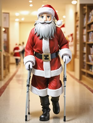 ((anime)), Santa walking with crutches, ((presents)) on the floor, dynamic angle, depth of field, detail XL,