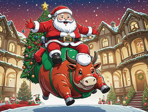 ((anime)), chubby Santa Claus riding a mechanical bull in a huge mansion, Christmas tree, dynamic angle, more detail XL, SFW, solo, 