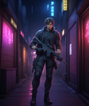 Solo, anime style, Mature Male fighter, detailed eyes, 4k, aiming a rifle at viewers, standing quietly in back alley with neon signs, dimly lit, highly detailed, (full body portrait), dynamic angle, more detail XL,,<lora:659095807385103906:1.0>