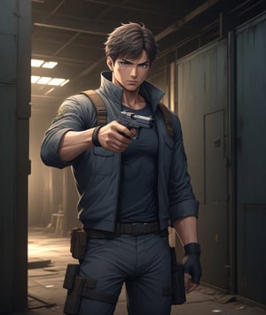Solo, anime style, Mature Male fighter, detailed eyes, 4k, aiming a pistol at viewers, hiding quietly in abandoned machine warehouse , dimly lit, highly detailed, (full body portrait), dynamic angle, more detail XL,,<lora:659095807385103906:1.0>