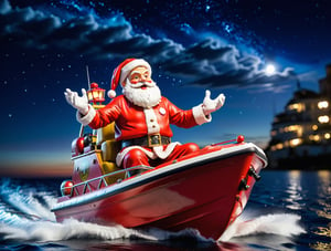 Santa Claus on speed boat at night, epic night sky, dynamic angle, depth of field, detail XL, closeup shot