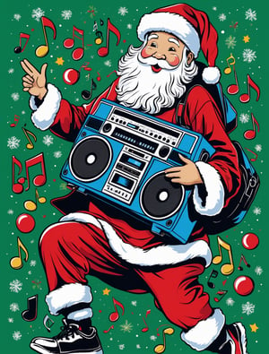 Santa Claus carrying a boom box on shoulder wearing hip-hop outfit, musical notes floating in the air, Christmas tree, more detail XL, SFW, solo, medium shot,