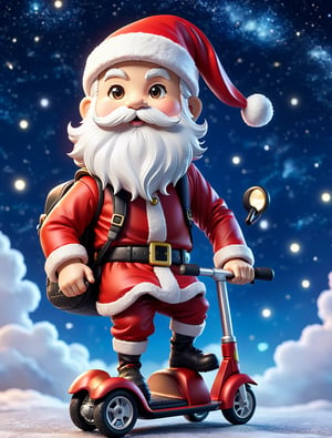 ((anime chibi style)), Santa Claus with white thick beard, on a mini scooter, epic night sky, dynamic angle, depth of field, detail XL, 
