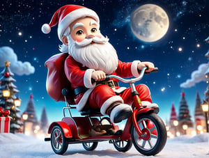 ((anime chibi style)), Santa Claus with white thick beard riding on a tricycle, epic night sky, dynamic angle, depth of field, detail XL, 