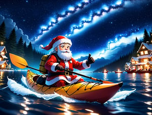 ((anime)), Santa Claus on kayak at night, epic night sky, dynamic angle, depth of field, detail XL, closeup shot