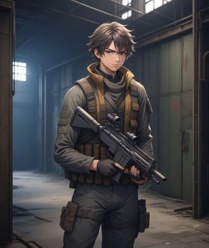 Solo, anime style, Mature Male fighter, detailed eyes, 4k, aiming a rifle at viewers, standing quietly in abandoned machine warehouse , dimly lit, highly detailed, (full body portrait), dynamic angle, more detail XL,,<lora:659095807385103906:1.0>