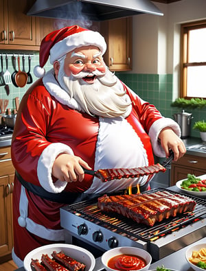 ((anime)), fat Santa Claus cooking BBQ ribs in the professional kitchen, dynamic angle, more detail XL, SFW, solo,