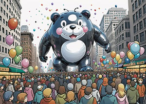 ((anime)), huge animal shaped balloons parade in NYC, people cheering joyfully, highly detailed,more detail XL, holiday setting, man, woman, kids, depth of field, SFW, ink winter,
