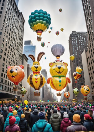 Hot air animal shaped balloons parade in NYC, people cheering joyfully, highly detailed,more detail XL, holiday setting, man, woman, kids, depth of field, SFW, ink winter,