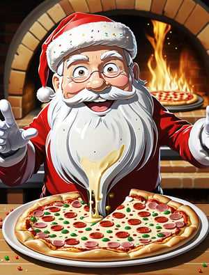 ((anime)), Santa Claus sprinkle cheese on a pizza dough, hot pizza oven in the background ,dynamic angle, more detail XL, SFW, solo,