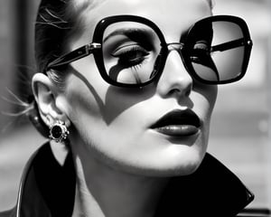 The most beautiful woman in the world with mirrored sunglasses on, she has a mole on one of her cheeks, she has a small tattoo of a heart on her neck, wearing two silver earrings in the shape of a vintage style camera, with a lit cigarette in her mouth emanating smoke, black and white photograph, detail shot, Helmut Newton style photography.,r4w photo
