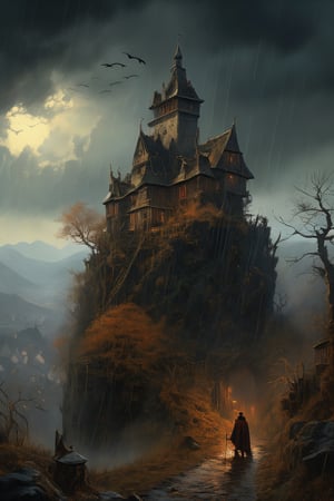 A vampire's castle looming above a Transylvanian village, highly intricate hyperdetailed, matte painting, Gustave Dore, Ismail Inceoglu, Jean-Baptiste Monge, Dan Witz, Clyde Caldwell, warm and inviting colors, bagshaw, Scenic, Cina, mossy, masterpiece detailed painting, WLOP, accurate, wind, rain, bats, forest, village, OverallDetail