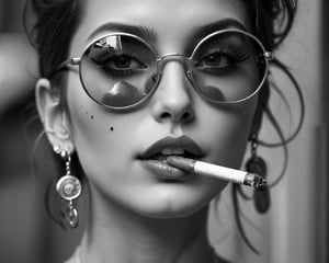 The most beautiful woman in the world with mirrored sunglasses on, has a mole on one of her cheeks, has a small tattoo on her neck, wearing two silver earrings in the shape of a vintage style camera, with a lit cigarette in her mouth, black and white photograph, close-up detail