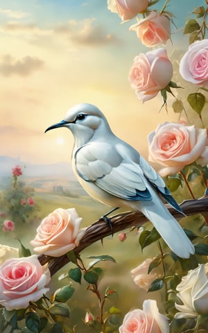 white bird sitting on a branch of roses, digital watercolor illustration of a meadow with white roses in the morning light, detailed fantastic background of Salvador Dali, waterhouse, Canaletto, watercolor art, intricate, complex contrast, HDR, sharp, soft cinematic volumetric lighting, the background is lost in haze. The foreground is brightly lit. 4k