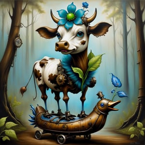 Bipedal creature resembling a cow with bright green fur leaf ears and a blue and white glowing flower growing from their head riding upon a steampunk wooden duck in the forest, in the style of esao andrews,esao andrews style