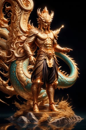1 chinese full body God with dragon hyperdetailed black bronze sculpture, perfect face, dynamic pose, (masterful:1.3), in the ancient style of the best chinese art, detailed and intricate, golden line, complex background, golden intricately detailed background, black color,bg_imgs,dragon,DonM0ccul7Ru57,DonMBl00mingF41ryXL 