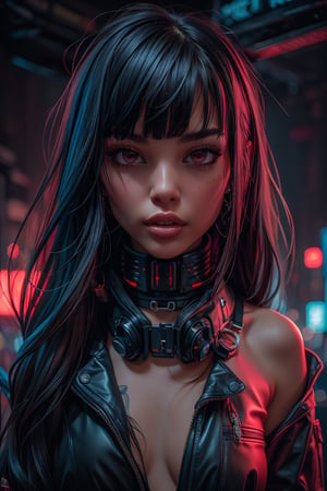 1girl, solo, long hair, looking at viewer, bangs, simple background, black hair, red eyes, upper body, blunt bangs, red background, science fiction, high collar, cyberpunk.