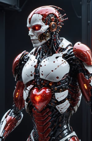a human like android with porcelain skin, with augmented reality glasses like Apple Vision Pro, geodesic anatomical heart in the chest, red glowing, love.