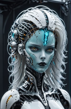 humanoid cyborg with duck egg blue plastic skin and white hair, full body, style raw.