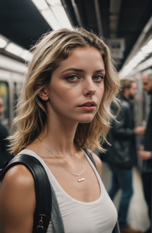 street photography in style of Larry Clark, contemporary female at a subway station, in fronti between blurry subway passing by, photorealism, cinematic, accent lightning, global illumination, shot on Sony a7iv, sigma 30mm.