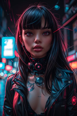 1girl, solo, long hair, looking at viewer, bangs, simple background, black hair, red eyes, upper body, blunt bangs, red background, science fiction, high collar, cyberpunk.