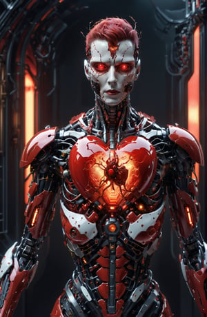 a human like android with porcelain skin, with augmented reality glasses like Apple Vision Pro, geodesic anatomical heart in the chest, red glowing, love.