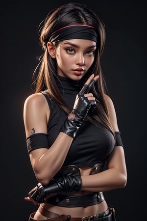 solo, black hair, gloves, 1woman, woman focus, fingerless gloves, headband, realistic, dougi.