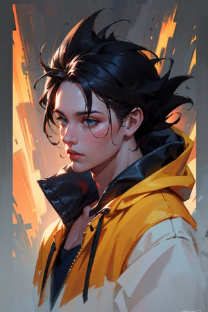 detailed portrait, ultra realistic, 1boy, highly detailed clothes, wearing neon coat with hood, beautiful face, robotic, brush strokes,12k, beautiful outfit, wlop, high definition, cinematic, behance contest winner, portrait featured on unsplash, stylized digital art, smooth,son goku