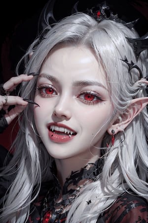 close up portrait of a vampire girl,detailed black crown on her head,white hair flowning,red background,showing her fangs while smiling,sharp nails,big crown,red eyes,evil look,evil gaze.black earings,black rings,evil laugh,smile,YAMATO