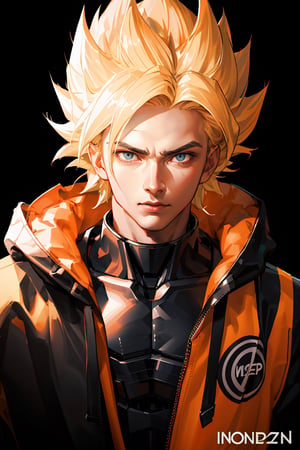 detailed portrait, ultra realistic, 1boy, highly detailed clothes, wearing neon coat with hood, beautiful face, robotic, super saiyen, blond hair, brush strokes, 12k, beautiful outfit, wlop, high definition, cinematic, behance contest winner, portrait featured on unsplash, stylized digital art, smooth,son goku
