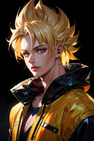 detailed portrait, ultra realistic, 1boy, highly detailed clothes, wearing neon coat with hood, beautiful face, robotic, super saiyen, blond hair, brush strokes, 12k, beautiful outfit, wlop, high definition, cinematic, behance contest winner, portrait featured on unsplash, stylized digital art, smooth,raidenshogundef,son goku