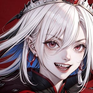 close up portrait of a vampire girl,detailed black crown on her head,white hair flowning,red background,showing her vampire fangs while smiling,sharp nails,big crown,fangs,red eyes,evil look,evil gaze.black earings,black rings,evil laugh,smile,YAMATO