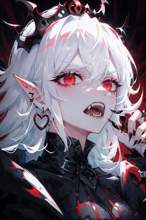 close up portrait of a vampire girl,detailed black crown on her head,white hair flowning,red background,showing her vampire fangs,sharp nails,big crown,fangs,red eyes,evil look,evil gaze.black earings,black rings